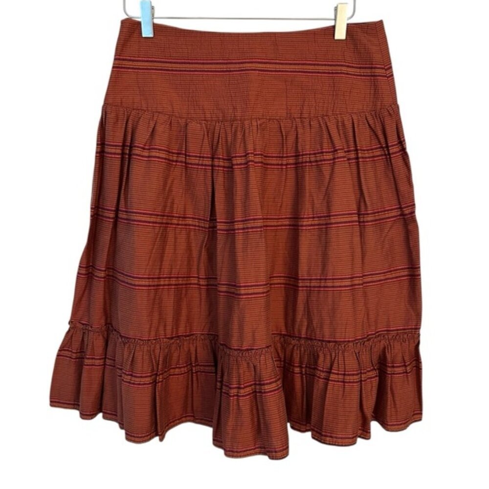 Zara Woman | Rust Brown & Orange Stripe Ruffle Tiered A-line Skirt Size Medium